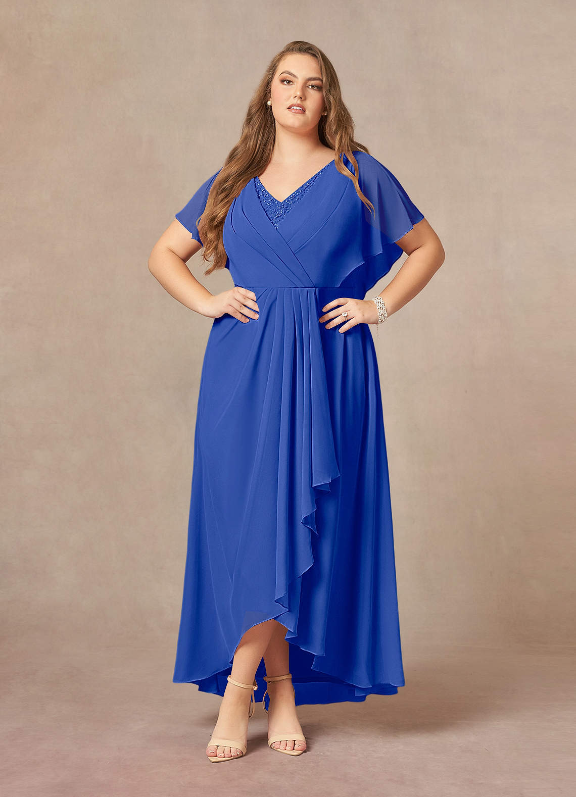 Azazie Eliza Kleider für die Brautmutter A-Linie V-Hals Gefaltet Chiffon Kleid Königsblau image1