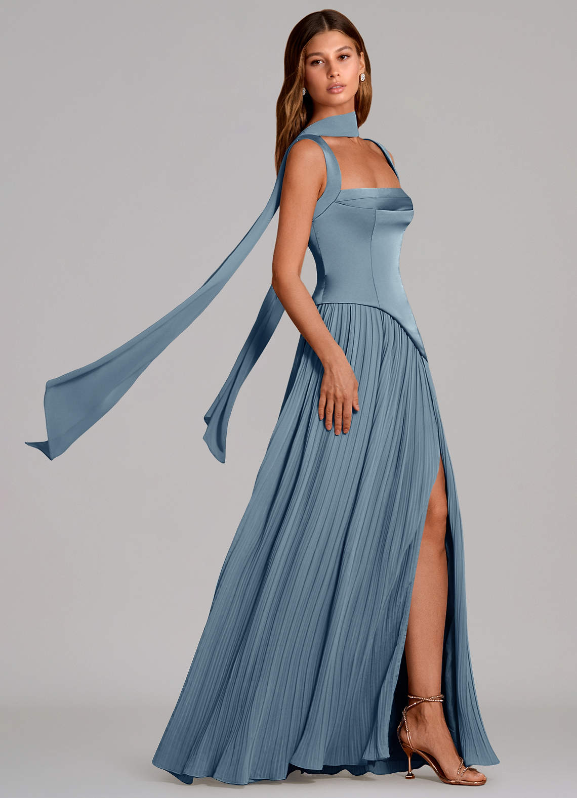 Azazie Stephanie Bridesmaid Dresses Dusty Blue A-Line Pleated Stretch Satin Dress image2