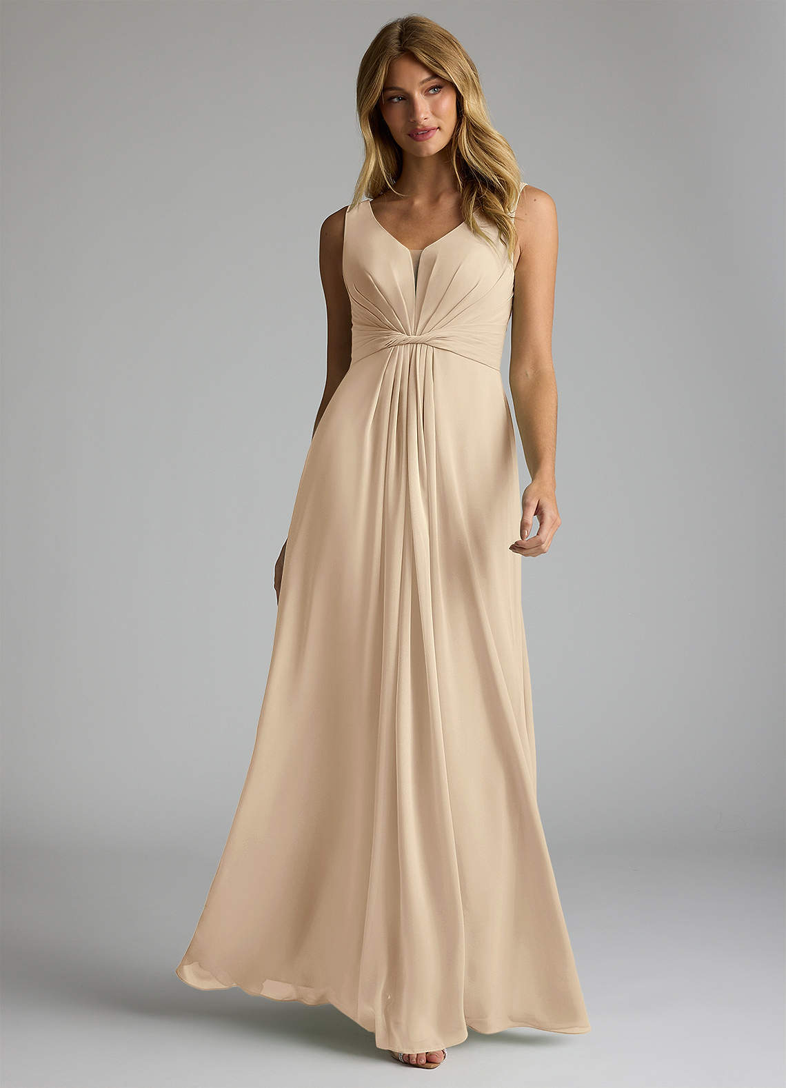 Azazie Gina Bridesmaid Dresses Champagne A-Line V-Neck Pleated Chiffon Dress image1