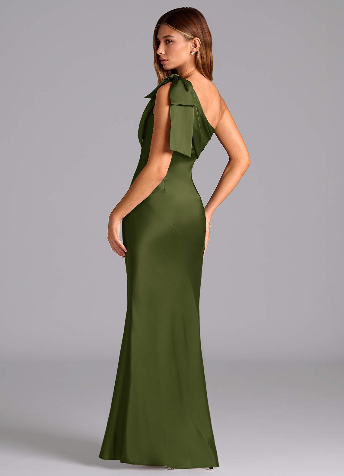 Azazie Yuanna Bridesmaid Dresses Olive Mermaid One Shoulder Stretch Satin Dress image5