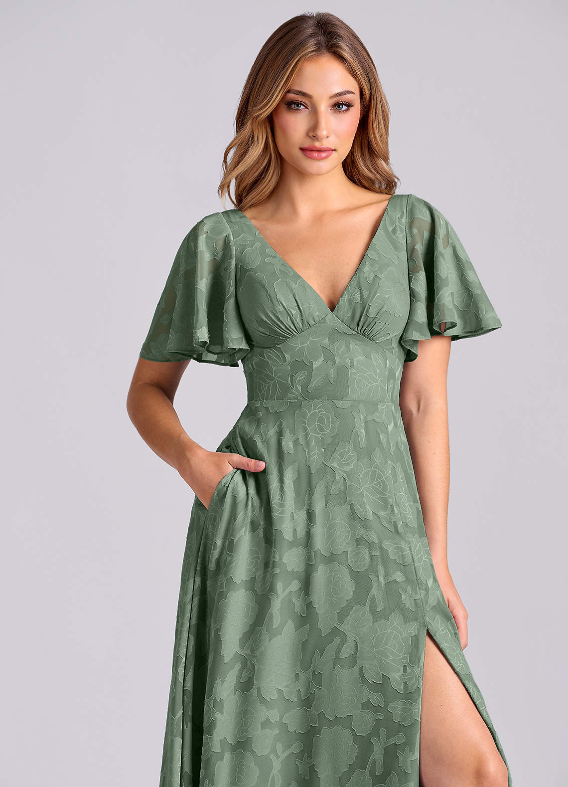 Azazie Kimber Bridesmaid Dresses Matcha A-Line with Pockets Floral Burnout Dress image8