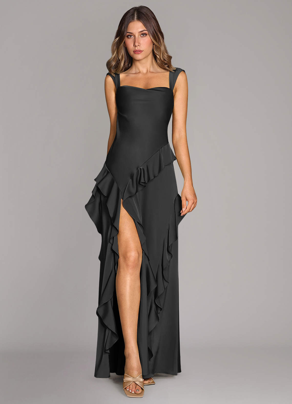 Azazie In-Stock Bridesmaid Dresses A-Line Cowl Floor-Length Stretch Satin - Black Azazie In-Stock Bridesmaid Dresses A-Line Cowl Floor-Length Stretch Satin - Black
