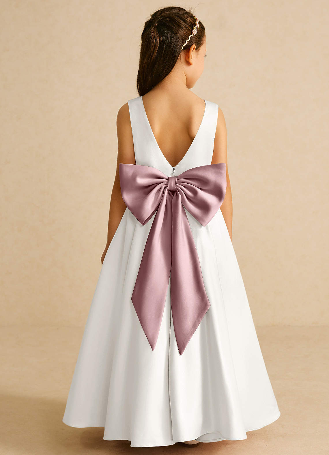 Azazie Pipsy Flower Girl Dresses Ivory Dusty Rose A-Line Bow Matte Satin Dress image1