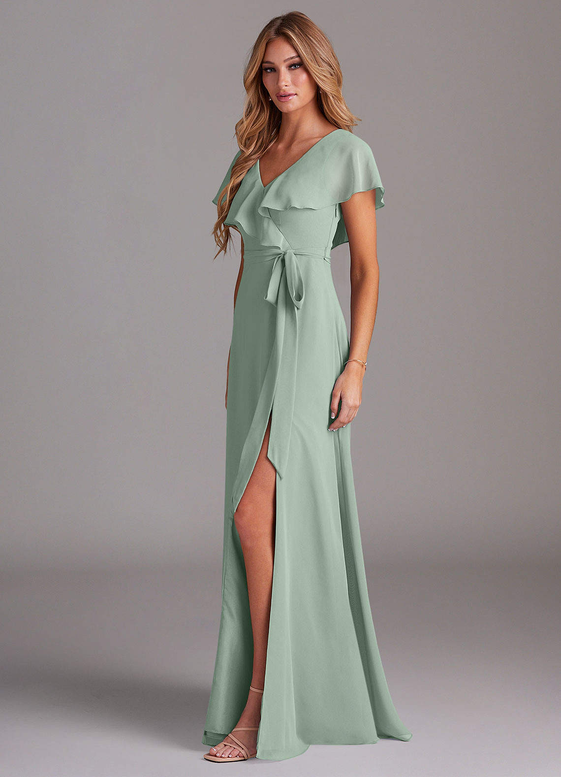 Azazie Lainey Bridesmaid Dresses Agave A-Line with Pockets Chiffon Dress image3