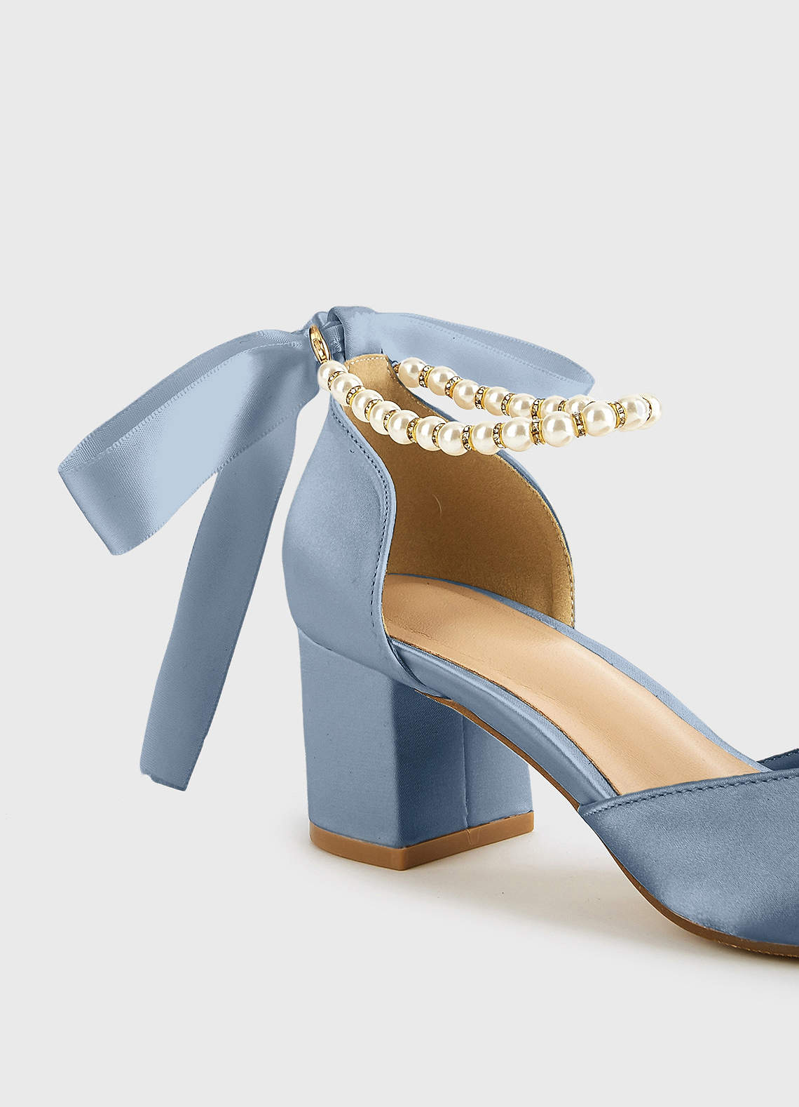 front Matte Satin Pearl and Bow Pointed Toe Block Heels