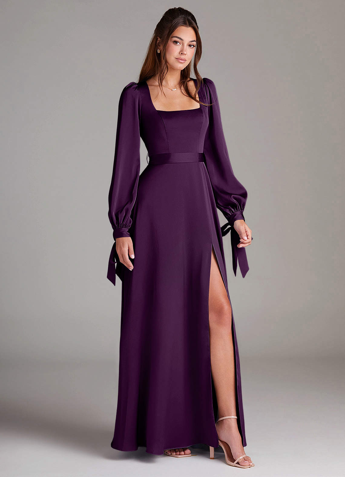 purple bridesmaid dresses with sleeves Mauve Ruffles Lisposa and a soft and flowy chiffon fabric that drapes beautifully Purple Bridesmaid Dresses | AW.Bridal