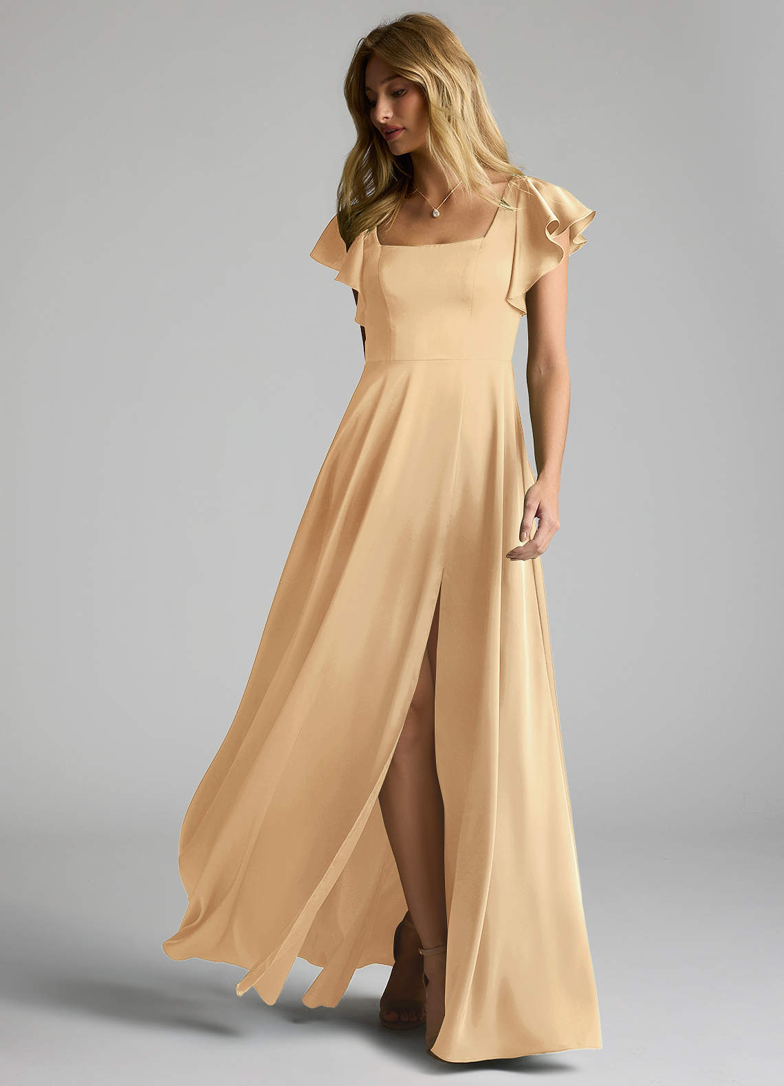 Azazie Bondi Bridesmaid Dresses Gold A-Line Bow Stretch Satin Dress image5