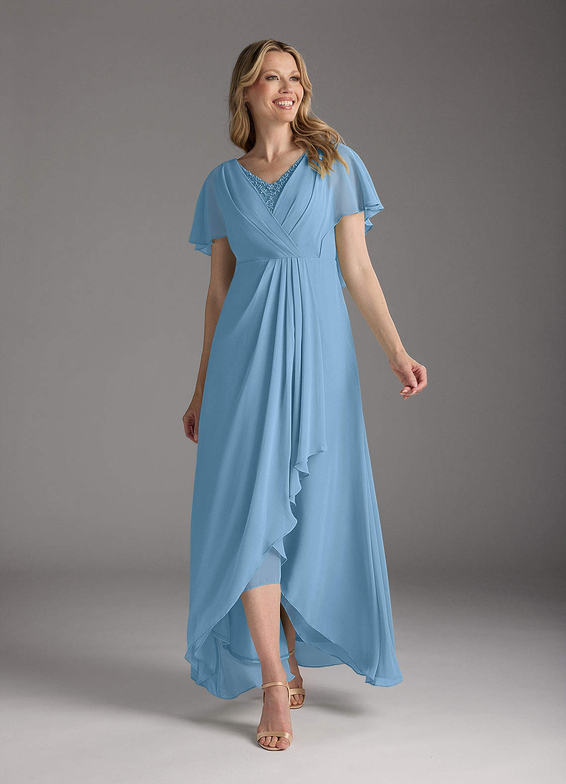 Azazie Eliza Mother of the Bride Dresses Steel Blue A-Line V-Neck Pleated Chiffon Dress image1