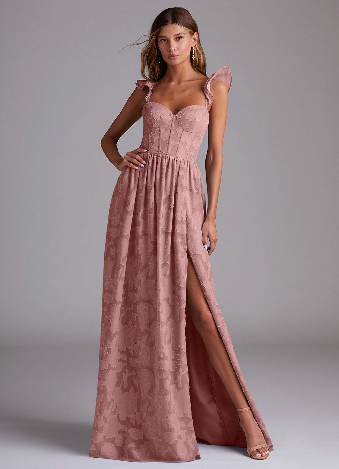 Azazie Denisse Bridesmaid Dresses Dusty Rose A-Line Ruched Floral Burnout Dress image1