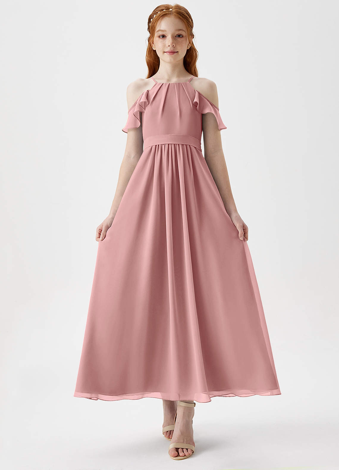 Azazie Chaya Junior Dusty Rose A-Line Off the Shoulder Chiffon Dress image3