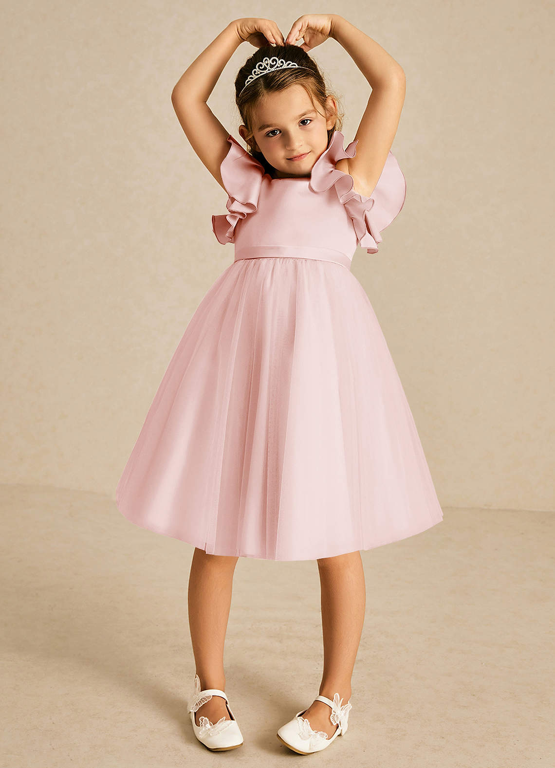 Azazie Kaeya Flower Girl Dresses Blushing Pink A-Line Bow Tulle Dress image2