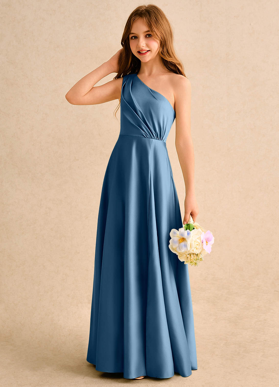 Azazie A-Line/Princess One-Shoulder Floor-Length Matte Satin Flower Girl Dresses - Bermuda