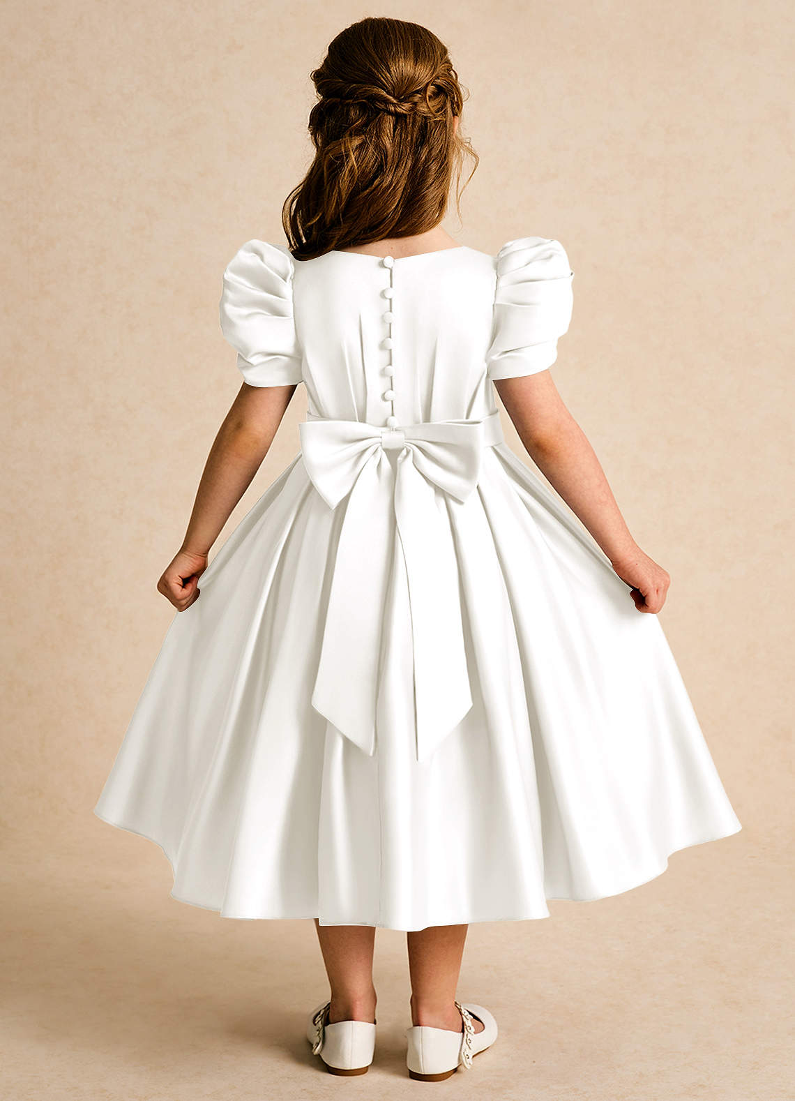Azazie Miriam Flower Girl Dresses Ivory Ball-Gown Pleated Matte Satin Dress image1