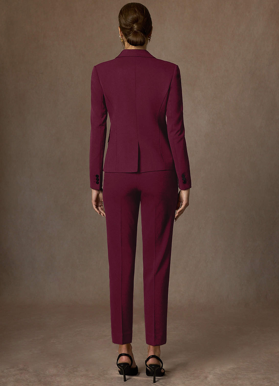 front Whitney Burgundy Structured Stretch Full Length Pants Suit