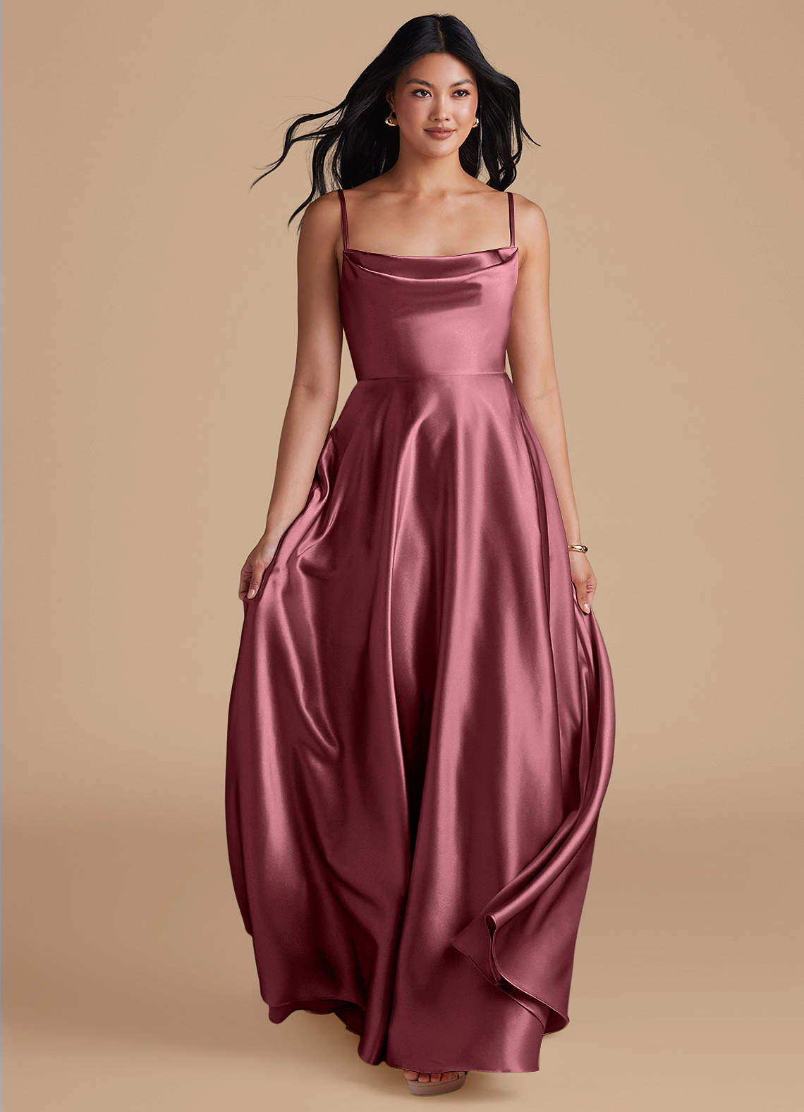 Azazie Elle Suknie dla druhen Linia A z kieszeniami Metaliczny satynowy Do ziemi Sukienka image4