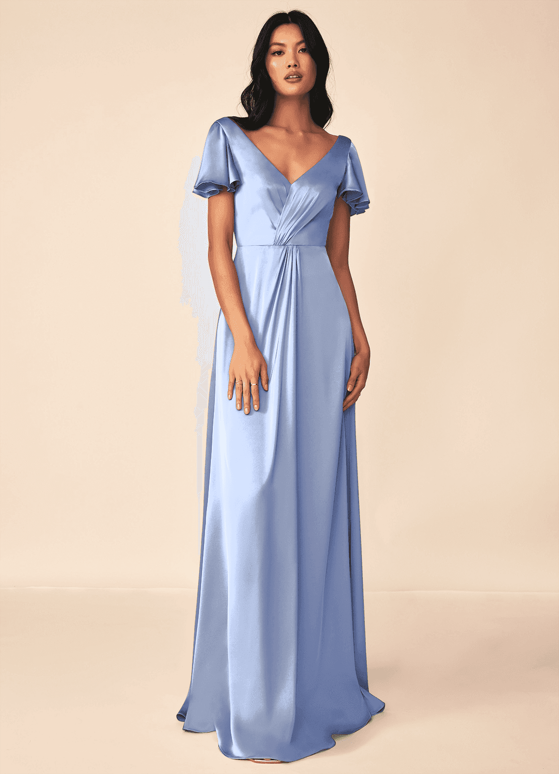 Azazie A-Line V-Neck Floor-Length Stretch Satin Bridesmaid Dresses ice Azazie A-Line V-Neck Floor-Length Stretch Satin Bridesmaid Dresses ice