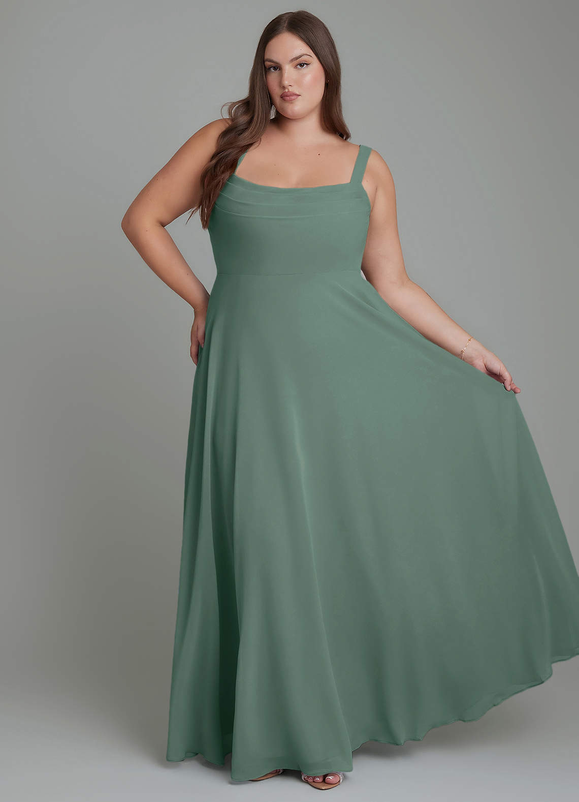 Azazie Shaude Abiti da Damigella Abito A-Line in Chiffon Plissettato Muschio Marino image1
