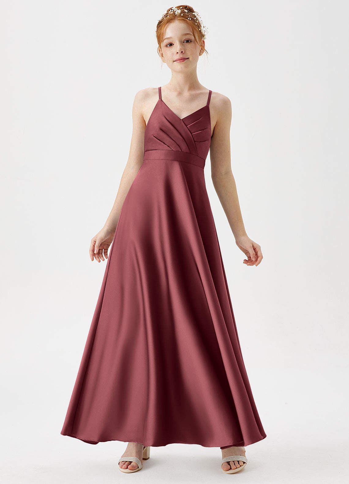 Azazie Avelina Junior A-Linie Plissee Stretch-Satin Kleid Merlot image1