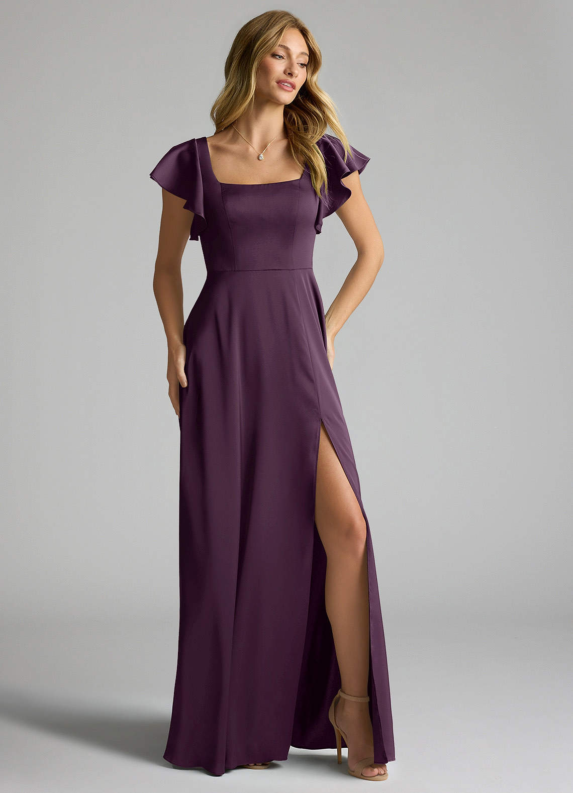 Azazie Bondi Bridesmaid Dresses Plum A-Line Bow Stretch Satin Dress image1