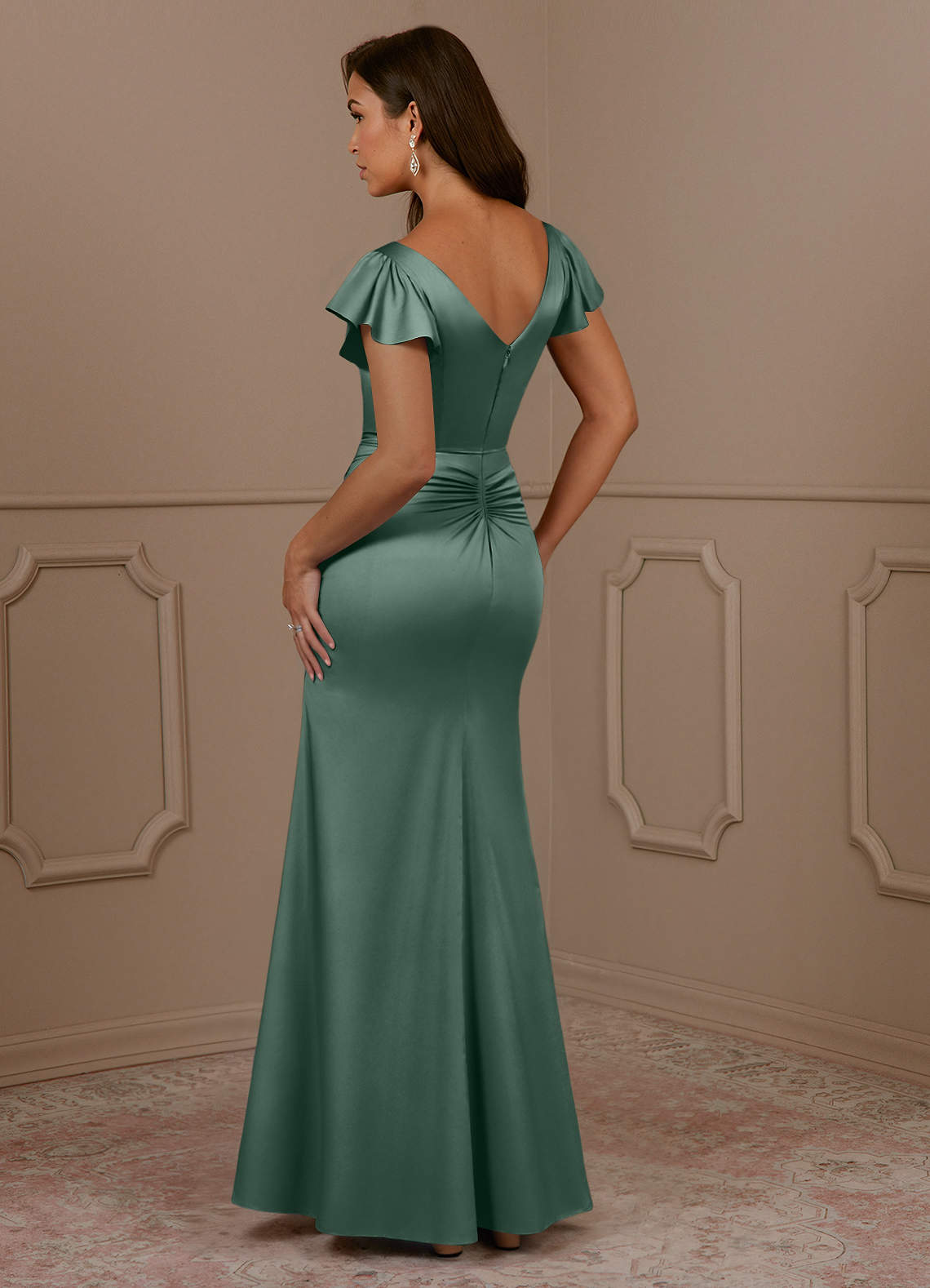 Azazie Roya Mother of the Bride Dresses Eucalyptus Mermaid V-Neck Pleated Stretch Satin Dress image2