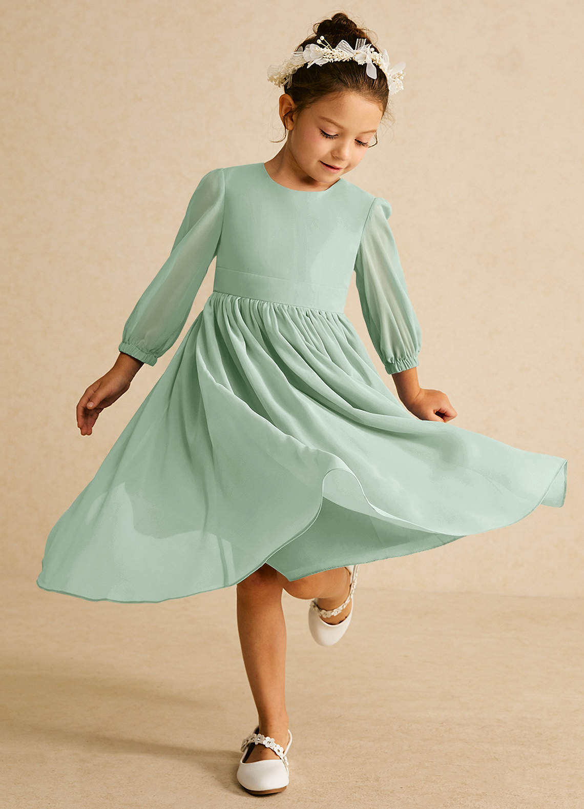Azazie Lolo Flower Girl Dresses Agave A-Line with Sleeves Chiffon Dress image1