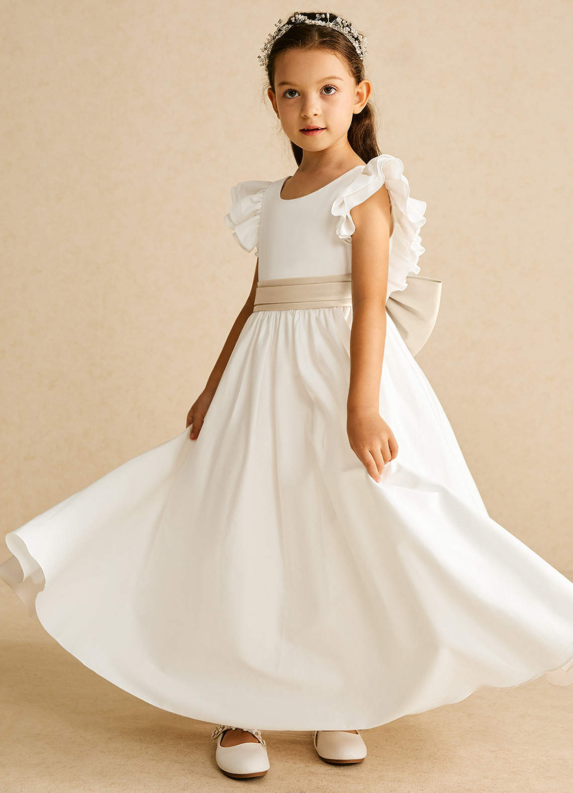 Azazie Aero Flower Girl Dresses Ivory Champagne A-Line Pleated Cotton Dress image1