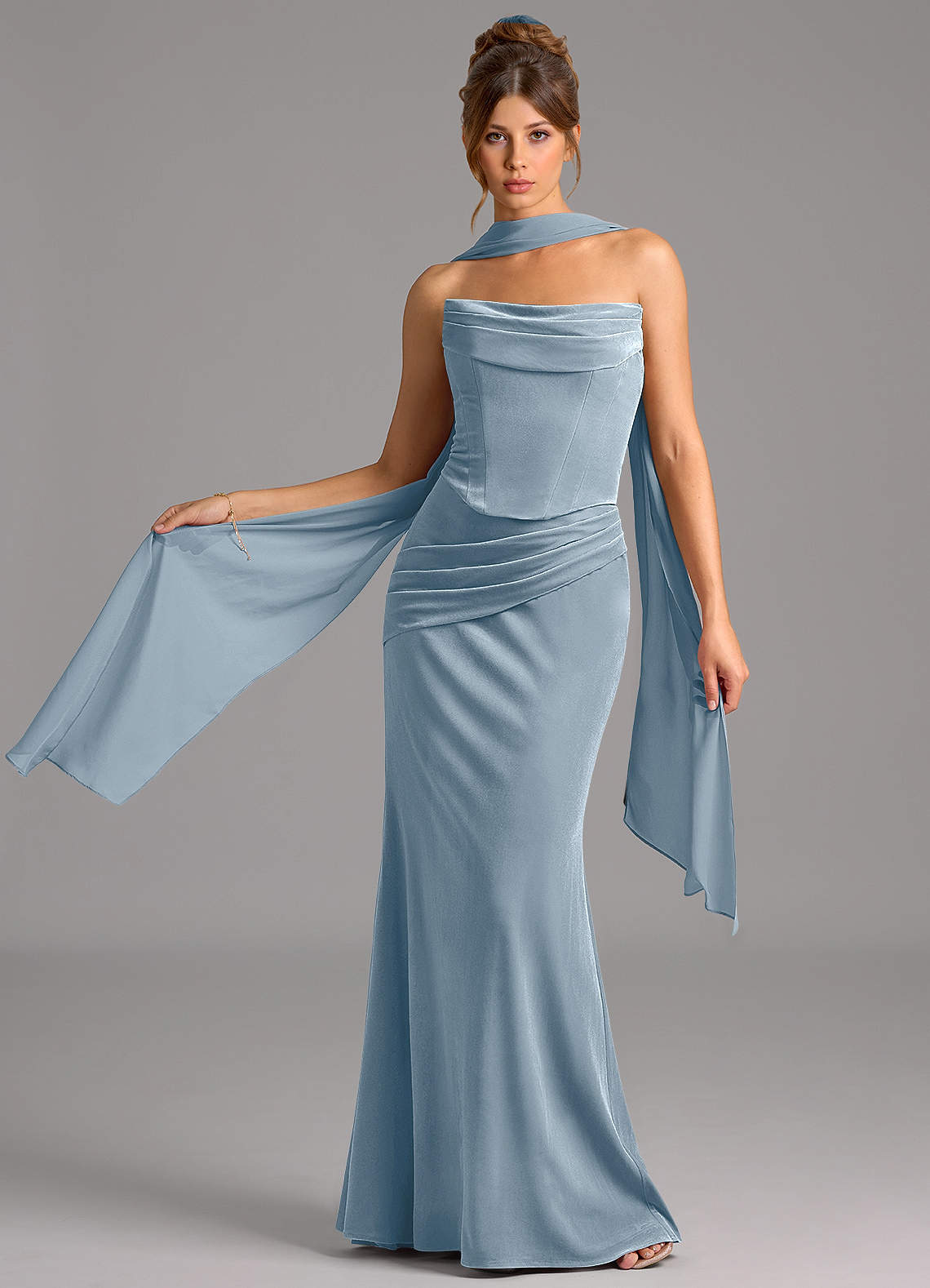 Azazie Sorrel Bridesmaid Dresses Dusty Blue Mermaid Corset Velvet Convertible Dress image1