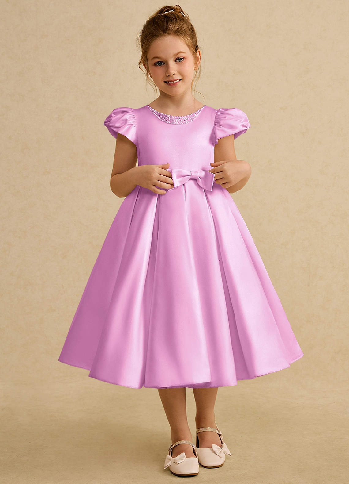 Azazie Pearl Flower Girl Dresses Candy Pink Ball-Gown Pleated Matte Satin Dress image1
