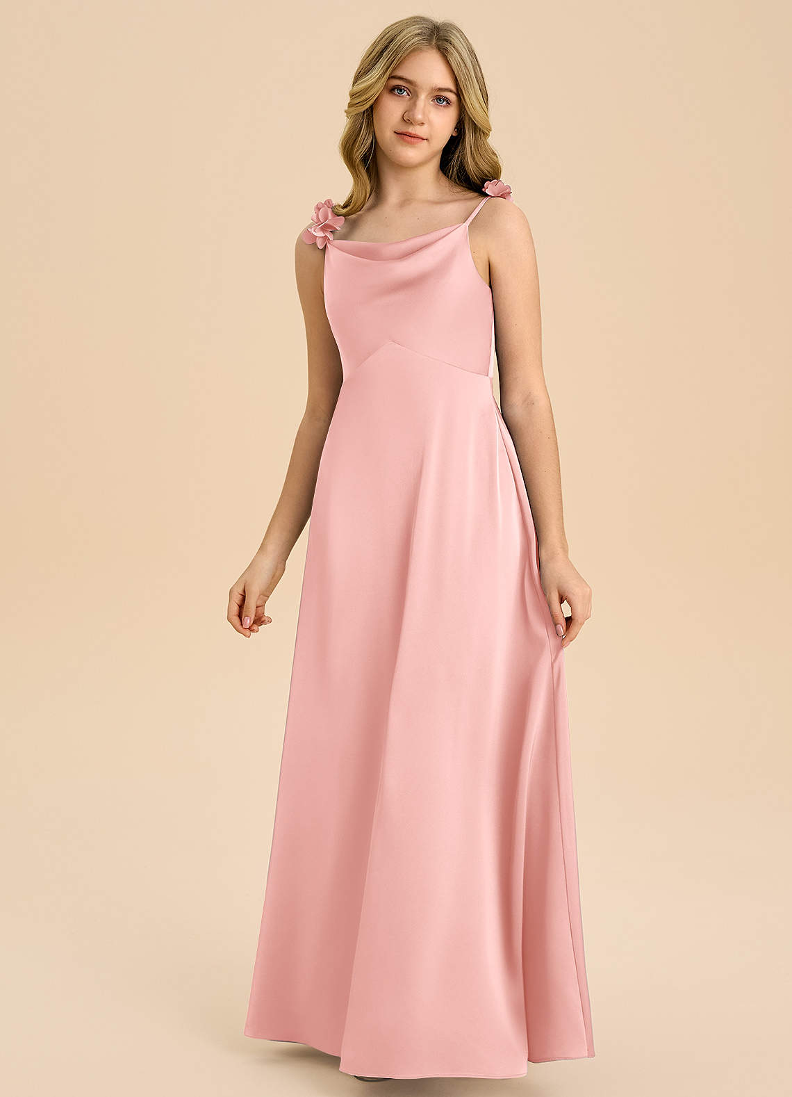 Azazie Gumdrop Junior Powder Pink Empire Pleated Stretch Satin Dress image2