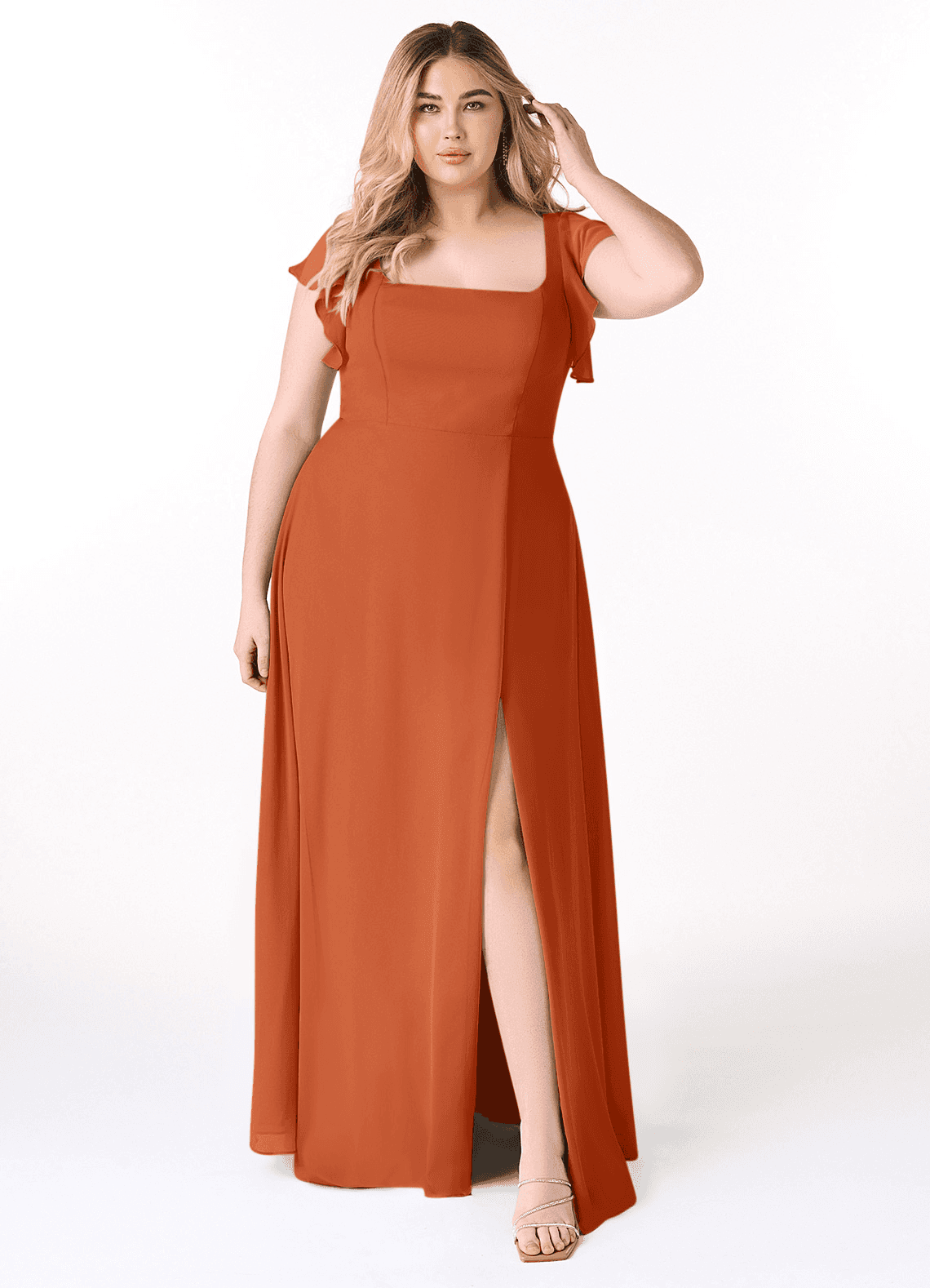 Azazie Bondi Bridesmaid Dresses Burnt Orange A-Line Ruffled Chiffon Dress image1