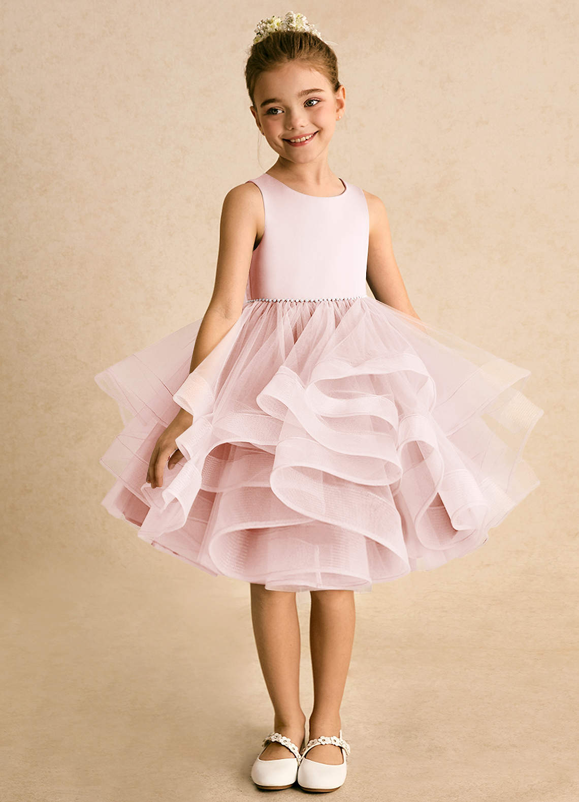 Azazie Tinie Flower Girl Dresses Blushing Pink Ball-Gown Bow Tulle Dress image2
