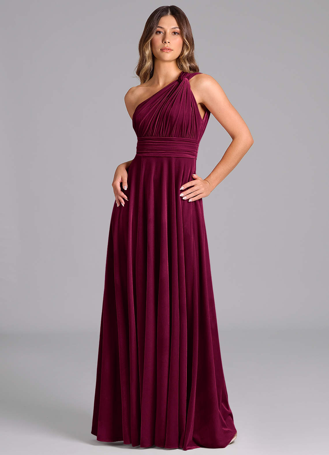 Azazie Charlize Bridesmaid Dresses Cabernet A-Line One Shoulder Velvet Dress image4