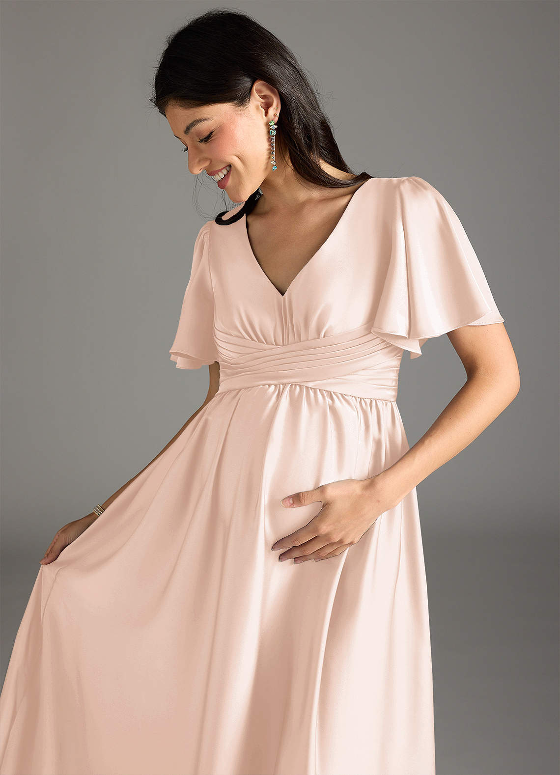 Azazie Verna Maternity Bridesmaid Dresses A-Line Ruched Stretch Satin Floor-Length Dress image1