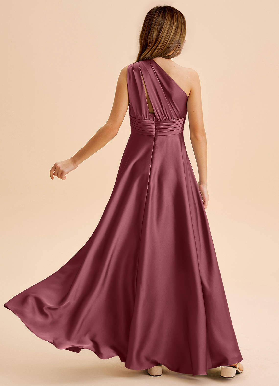 Azazie Charlize Junior Jurk van Stretch Satijn met A-Lijn Geplooid Woestijnroos image1