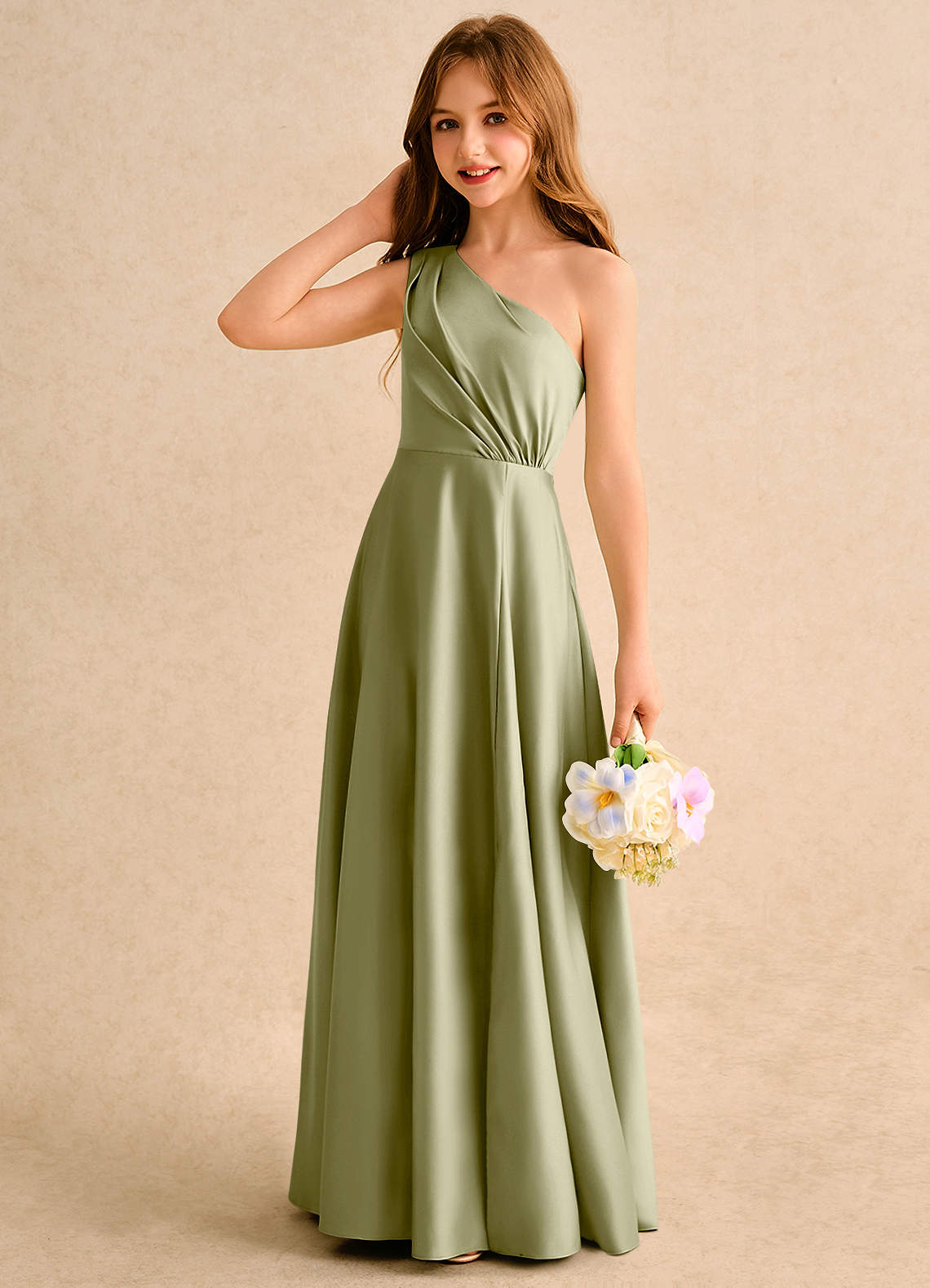 Azazie A-Line/Princess One-Shoulder Floor-Length Matte Satin Flower Girl Dresses - Moss Green