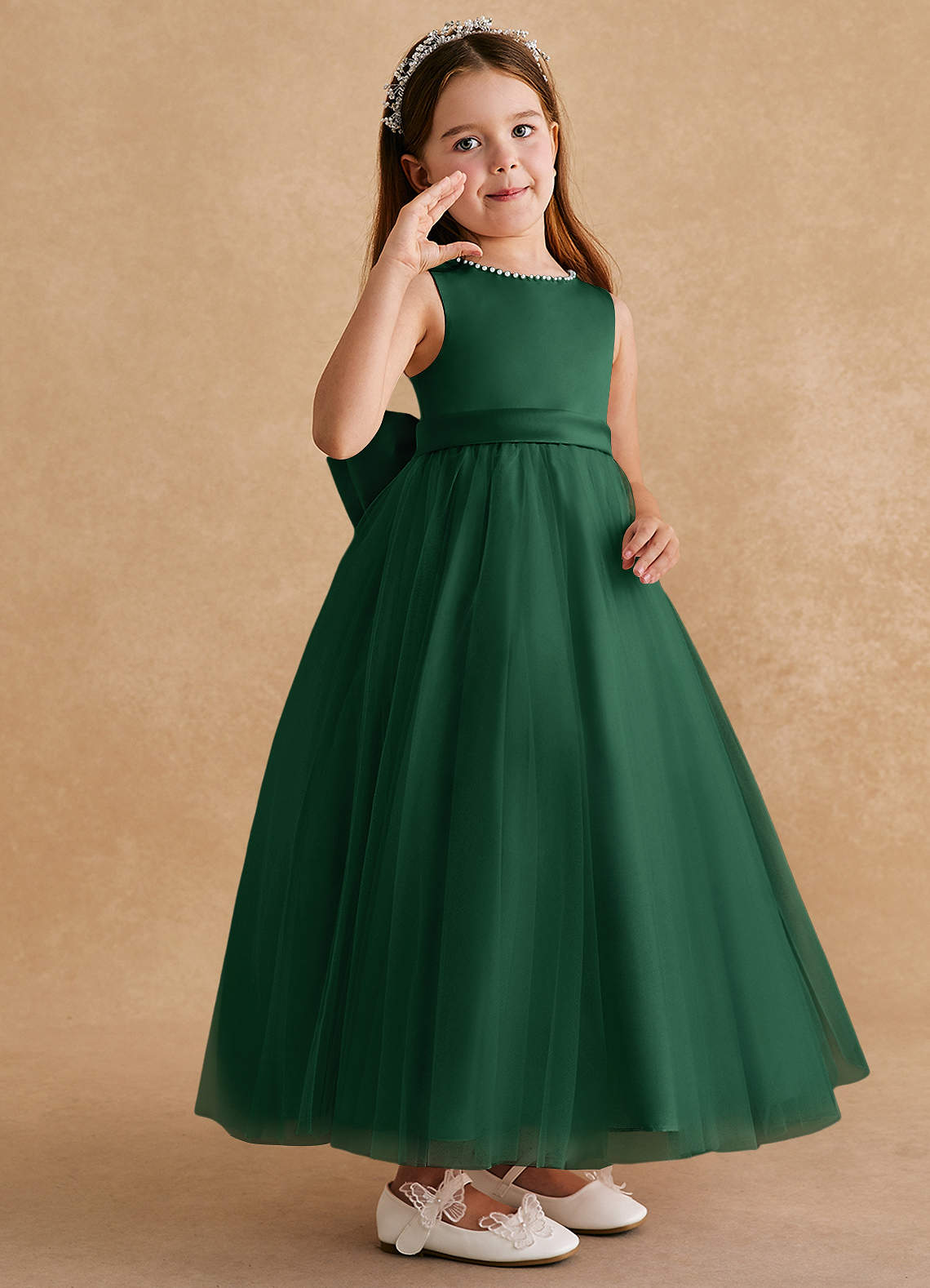 Azazie Cookie Flower Girl Dresses Dark Green A-Line Bow Tulle Dress image1
