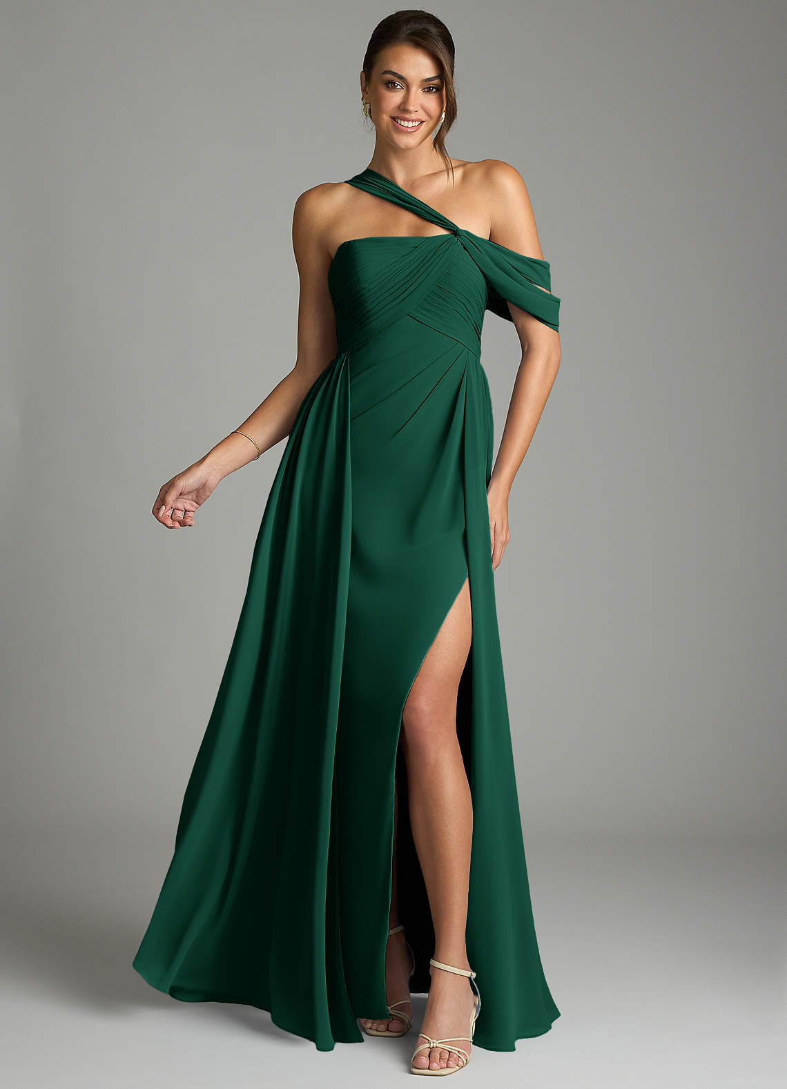 Azazie A-Line One-Shoulder Floor-Length Chiffon Bridesmaid Dresses - Emerald