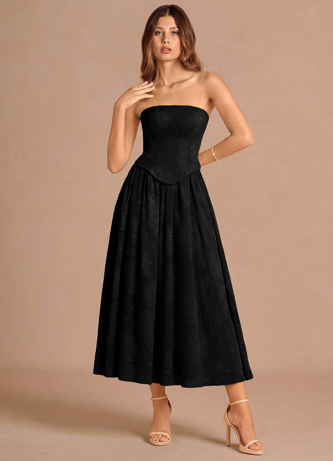 Azazie Strapless A-Line Midi Cocktail Dresses in Black Azazie Strapless A-Line Midi Cocktail Dresses in Black