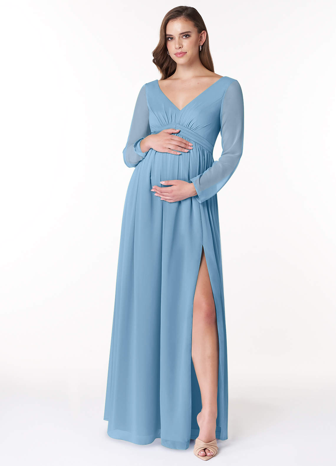Azazie Teton Maternity Bridesmaid Dresses A-Line Long Sleeve Chiffon Floor-Length Dress image1