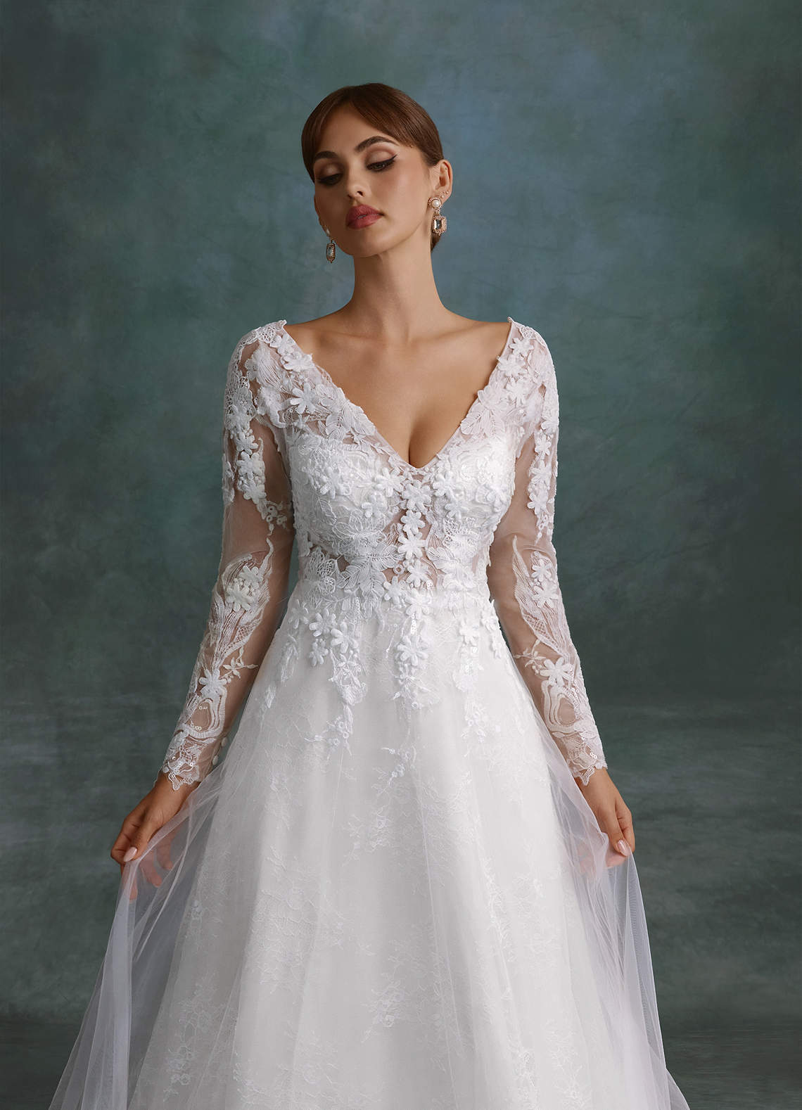 Azazie Leila Wedding Dresses Diamond White A-Line V-Neck Sequins Tulle Dress image4