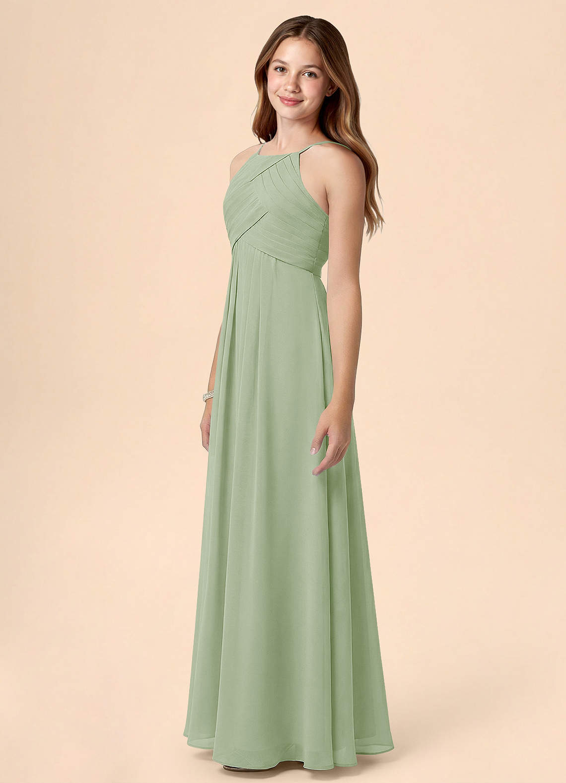 Azazie Ginny Junior Linia A Pofałdowany Szyfon Długość podłogi Młodsza druhna Sukienka image2
