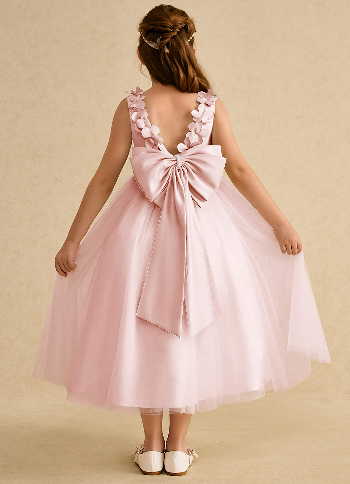 Azazie Lilli Robe Demoiselle D'honneur Fillette Robe Trapèze en Tulle Arc Rose Blush Rose Blush image1