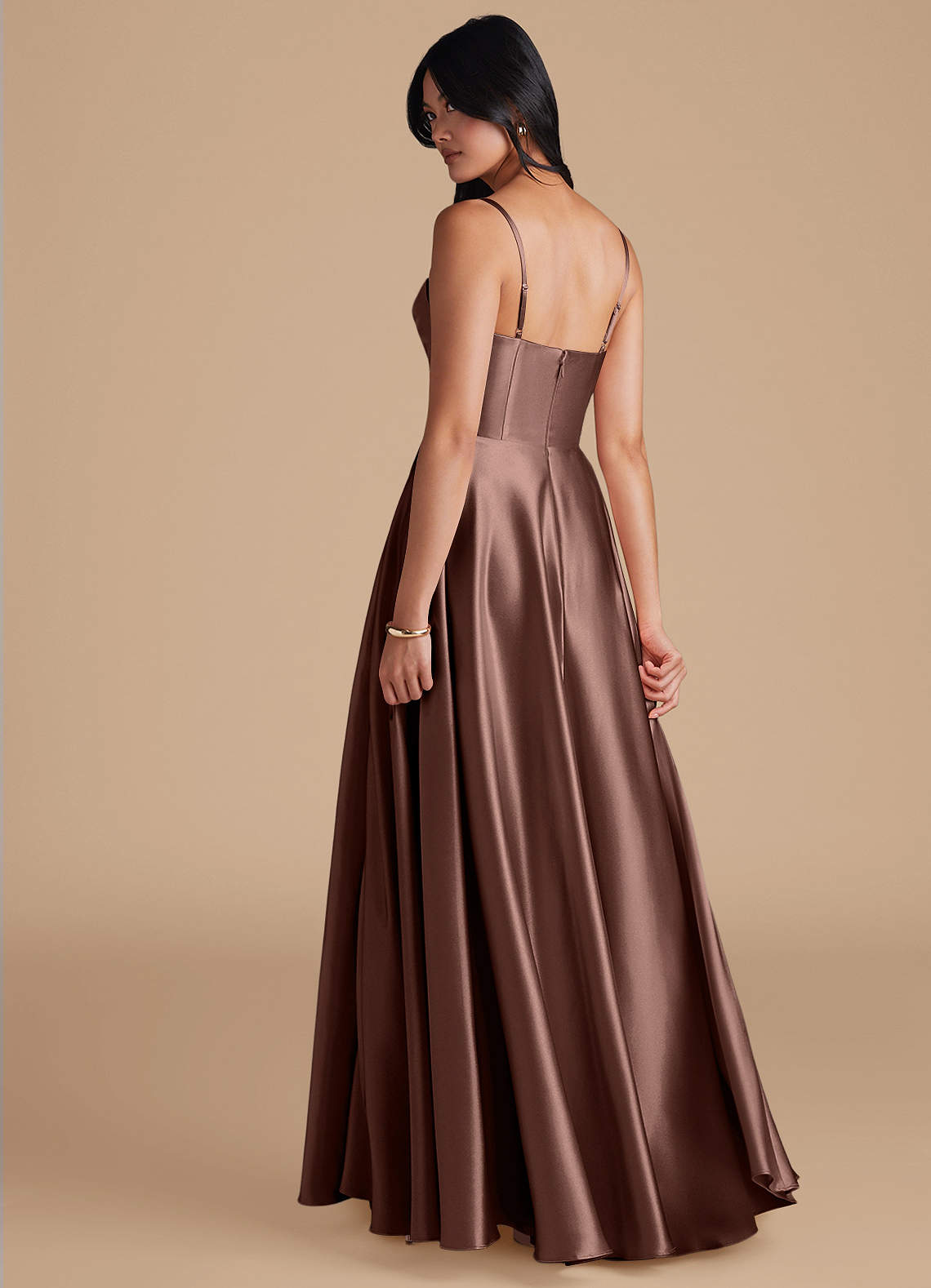 Azazie Elle Bridesmaid Dresses Espresso A-Line with Pockets Metallic Satin Dress image1