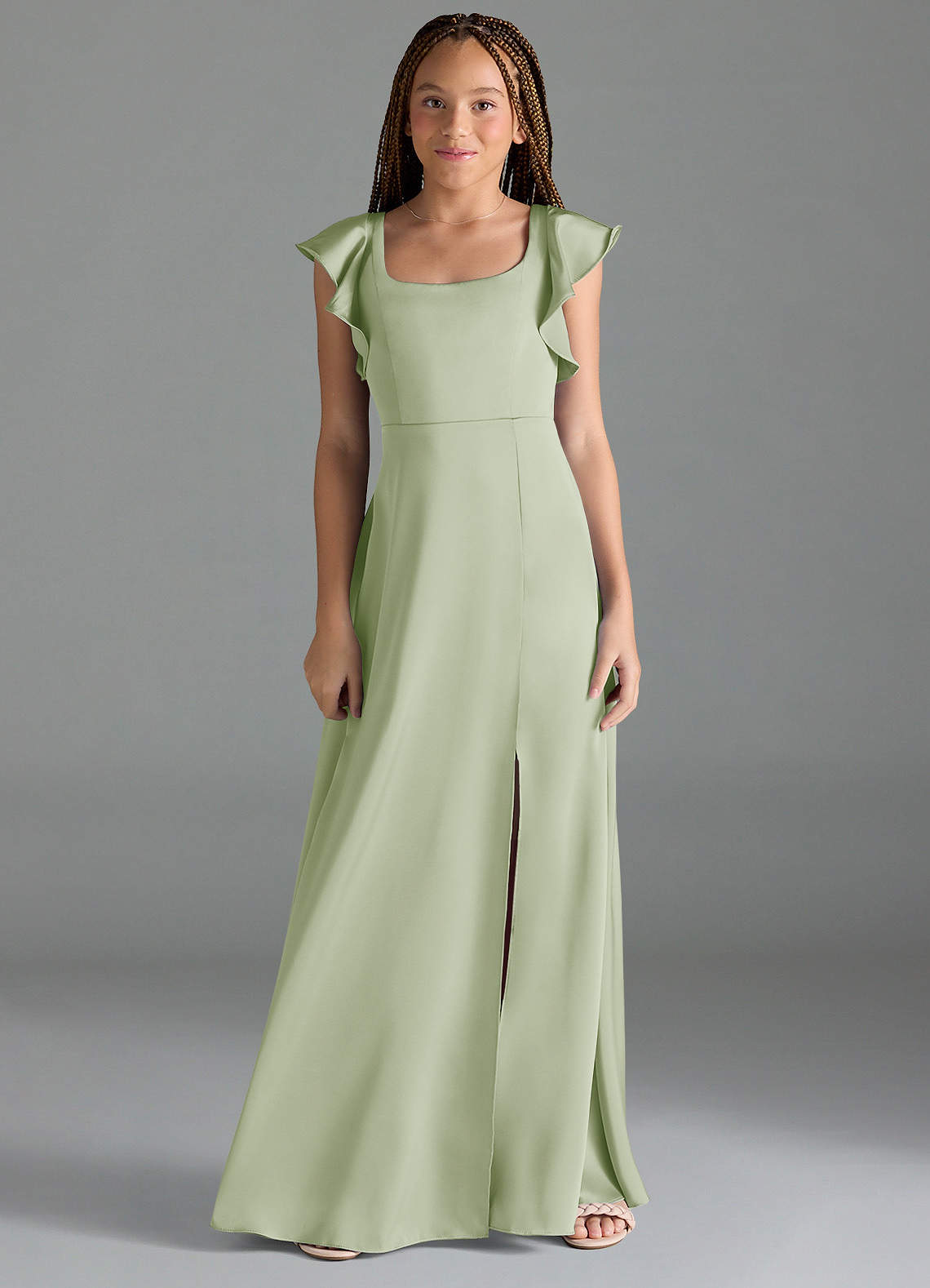 Azazie Bondi Junior Vestido de Salvia Polvorienta de Satén Elástico de Corte En A con Corte Lateral image1