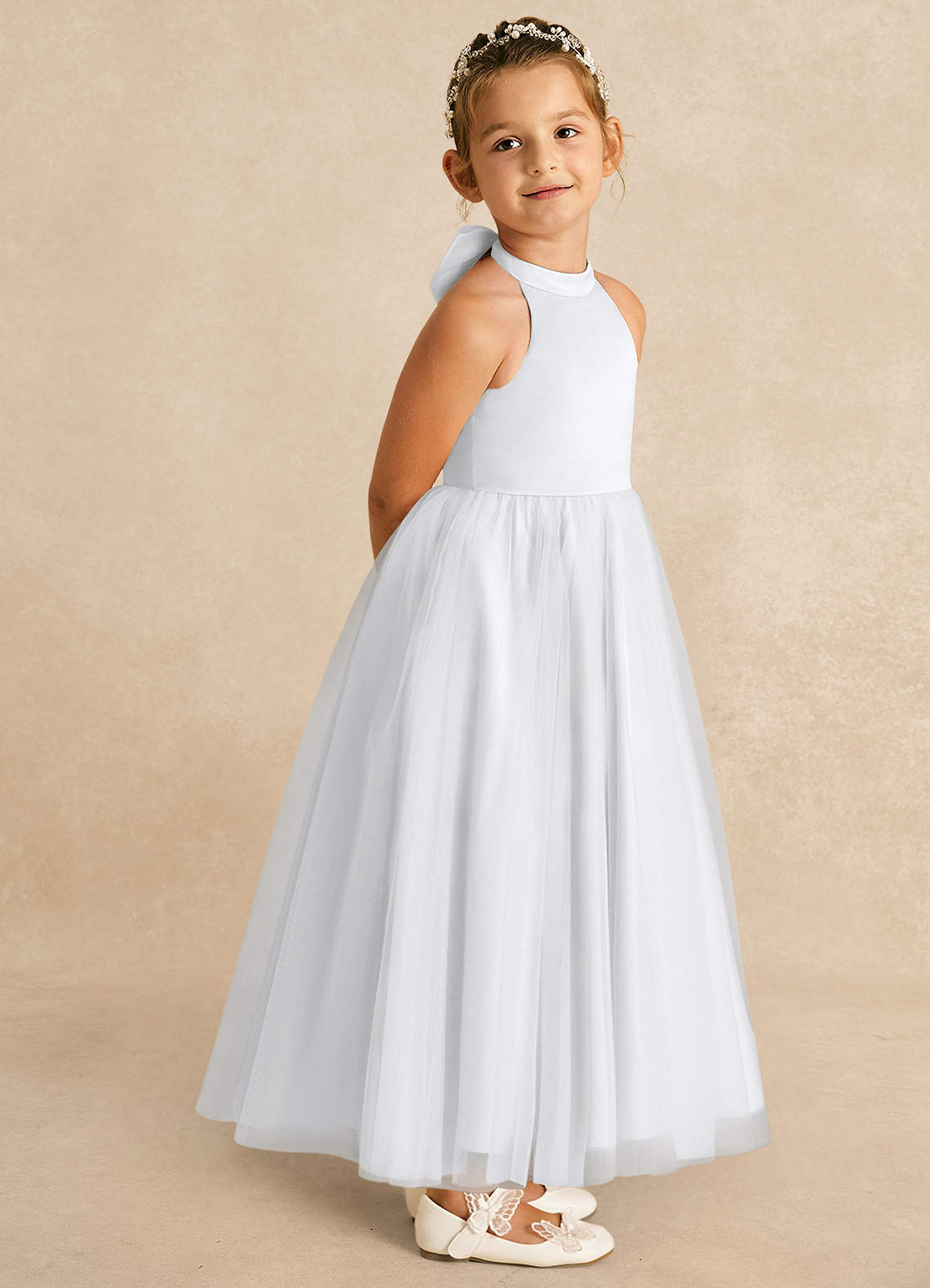 Azazie Bev Flower Girl Dresses White A-Line Convertible Tulle Dress image7