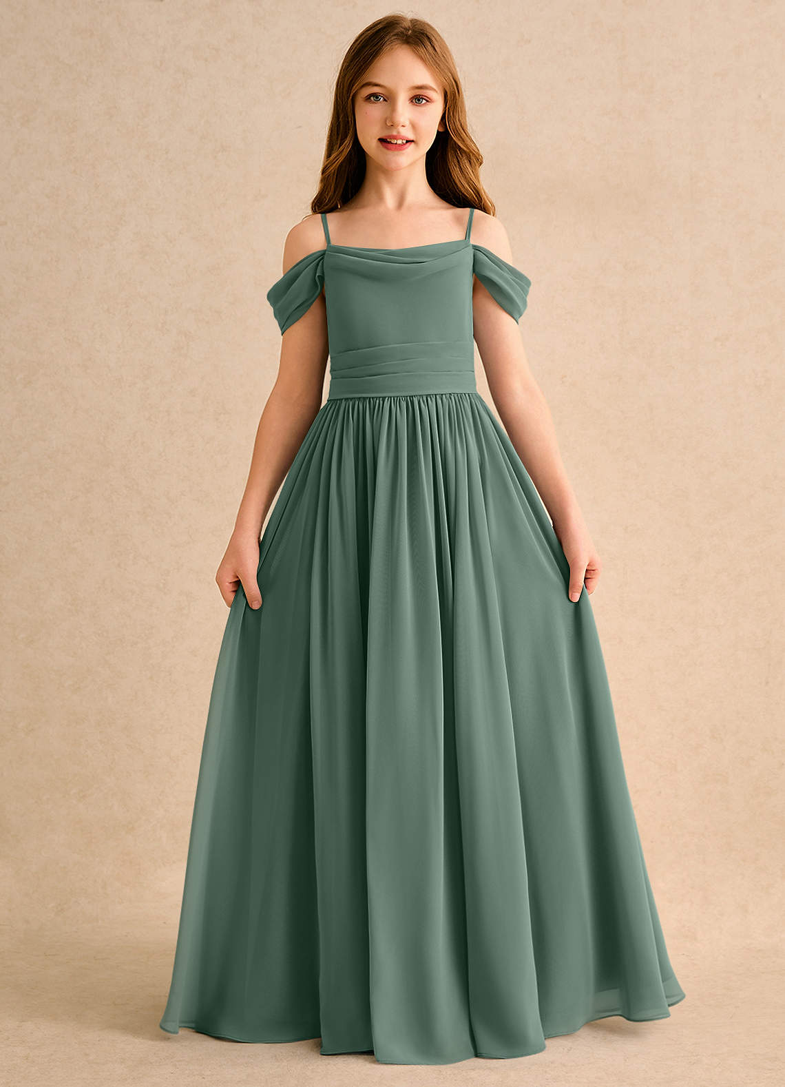 Azazie Shia Girls Formal Flower Girl Dresses Eucalyptus A-Line Off the Shoulder Chiffon Dress image4
