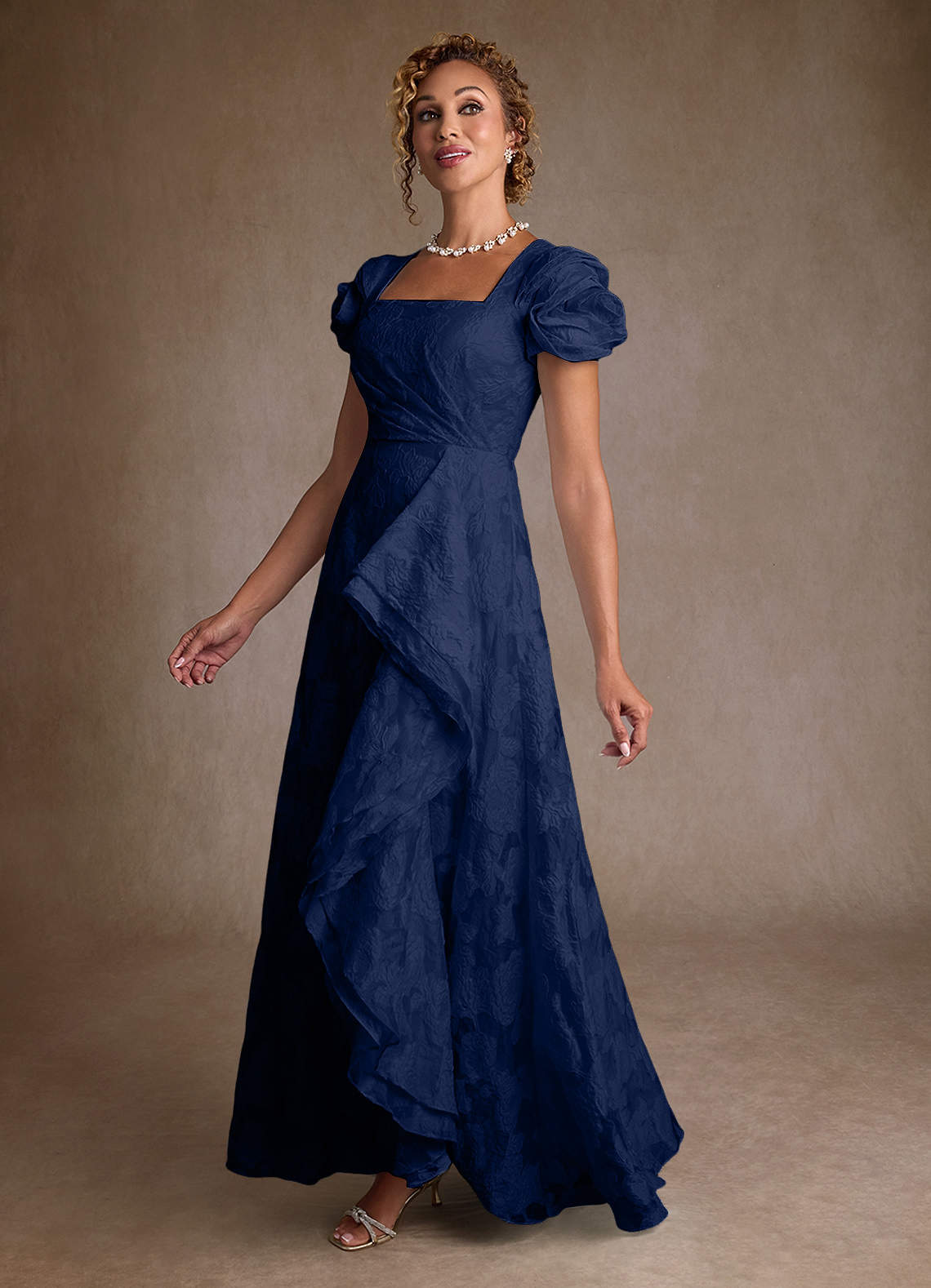 Azazie Hermina Dark Navy Jacquard A-Line Pleated Floral Jacquard