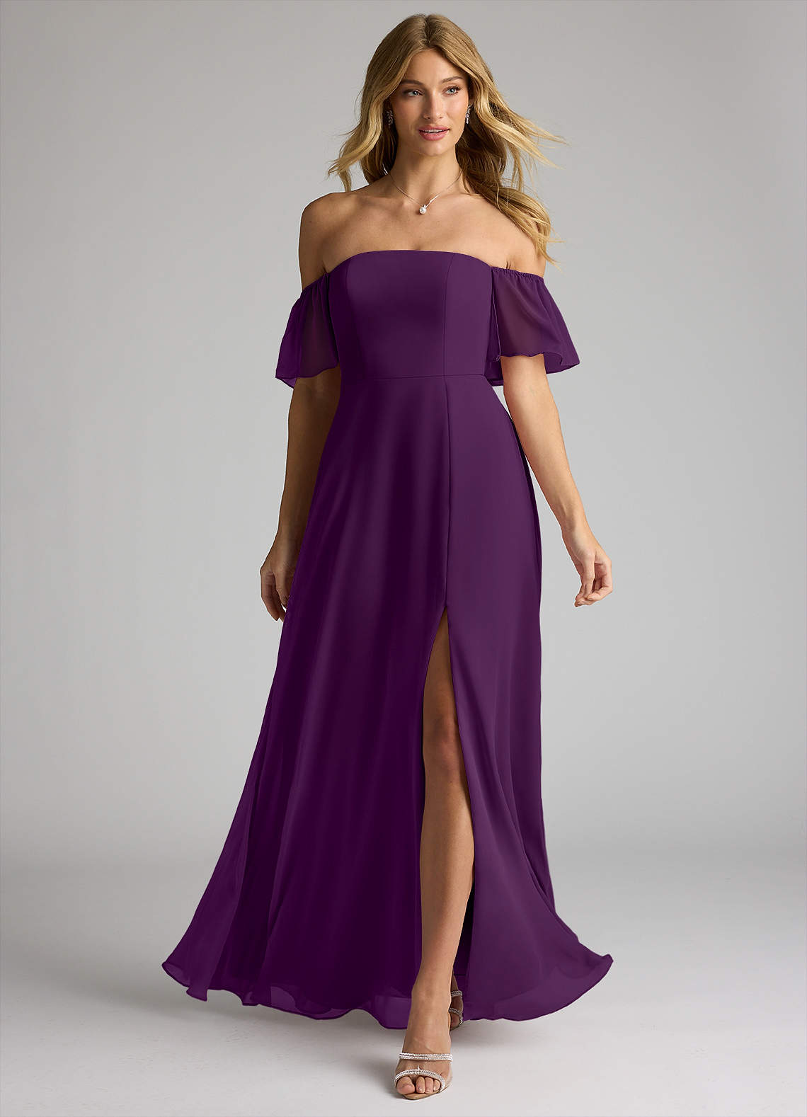 Azazie Sue Bridesmaid Dresses Grape A-Line Off the Shoulder Chiffon Convertible Dress image1