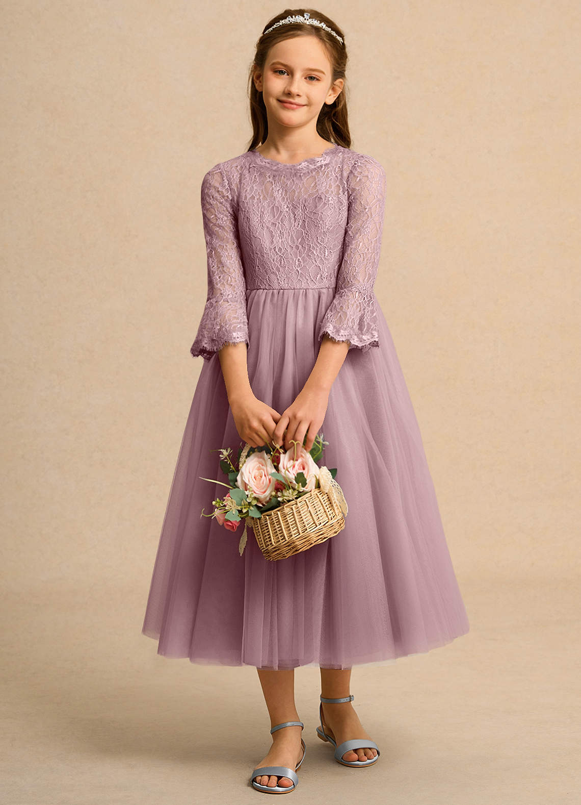 Azazie Lamb Girl Jurken voor bloemenmeisjes Baljurk Jurk van Kant Stoffige Roos image1