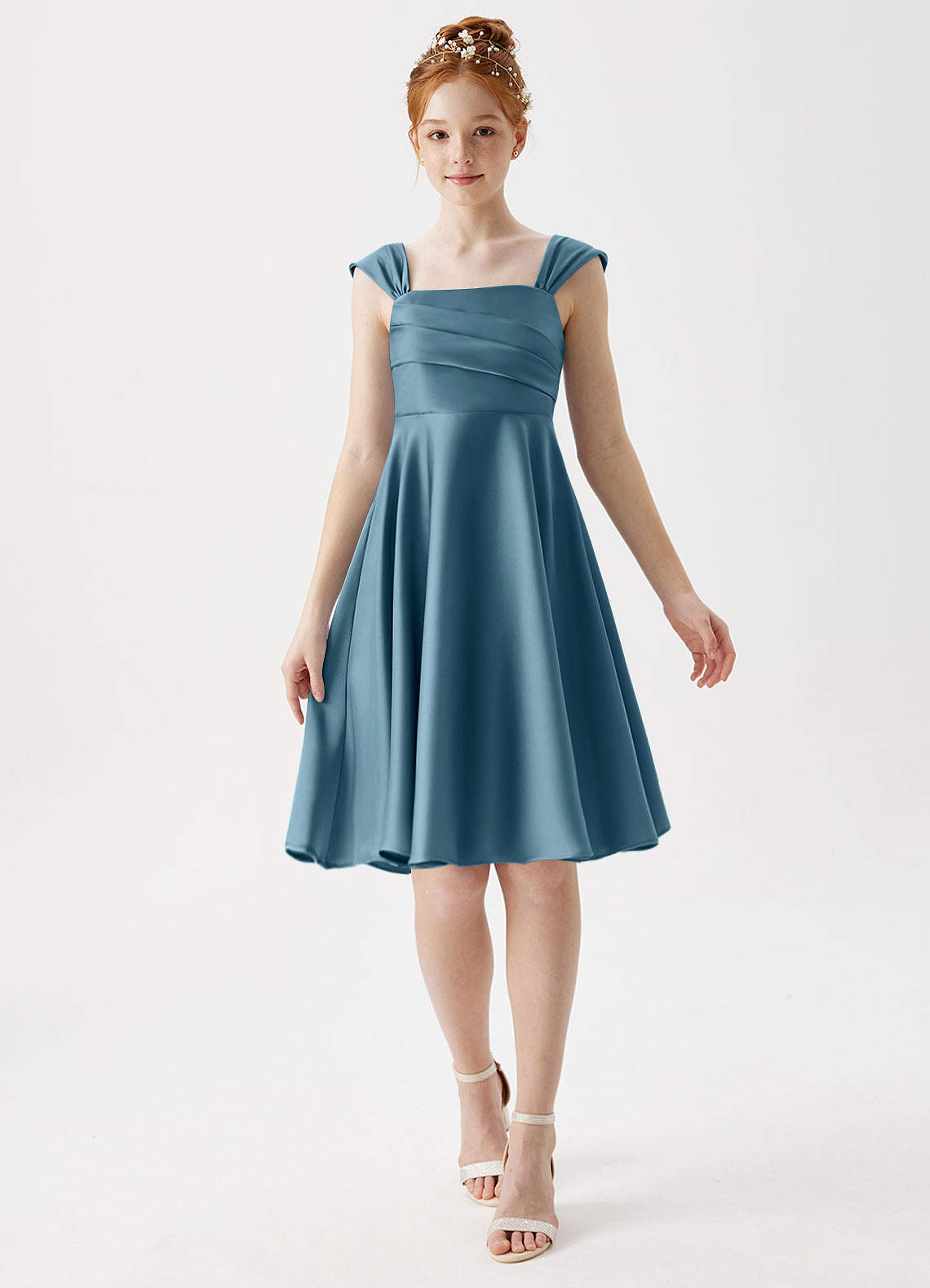 Azazie Amira Junior Bermuda A-Line Pleated Stretch Satin Dress image1